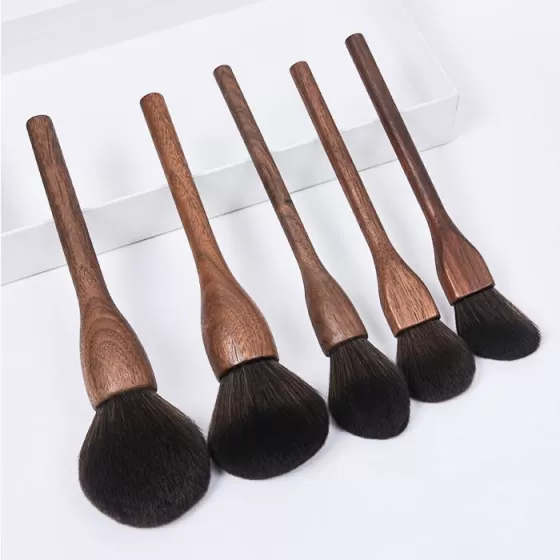 Dongshen wholesale eco friendly custom logo wooden handle vegan fiber synthetic 5pcs makeup brush set